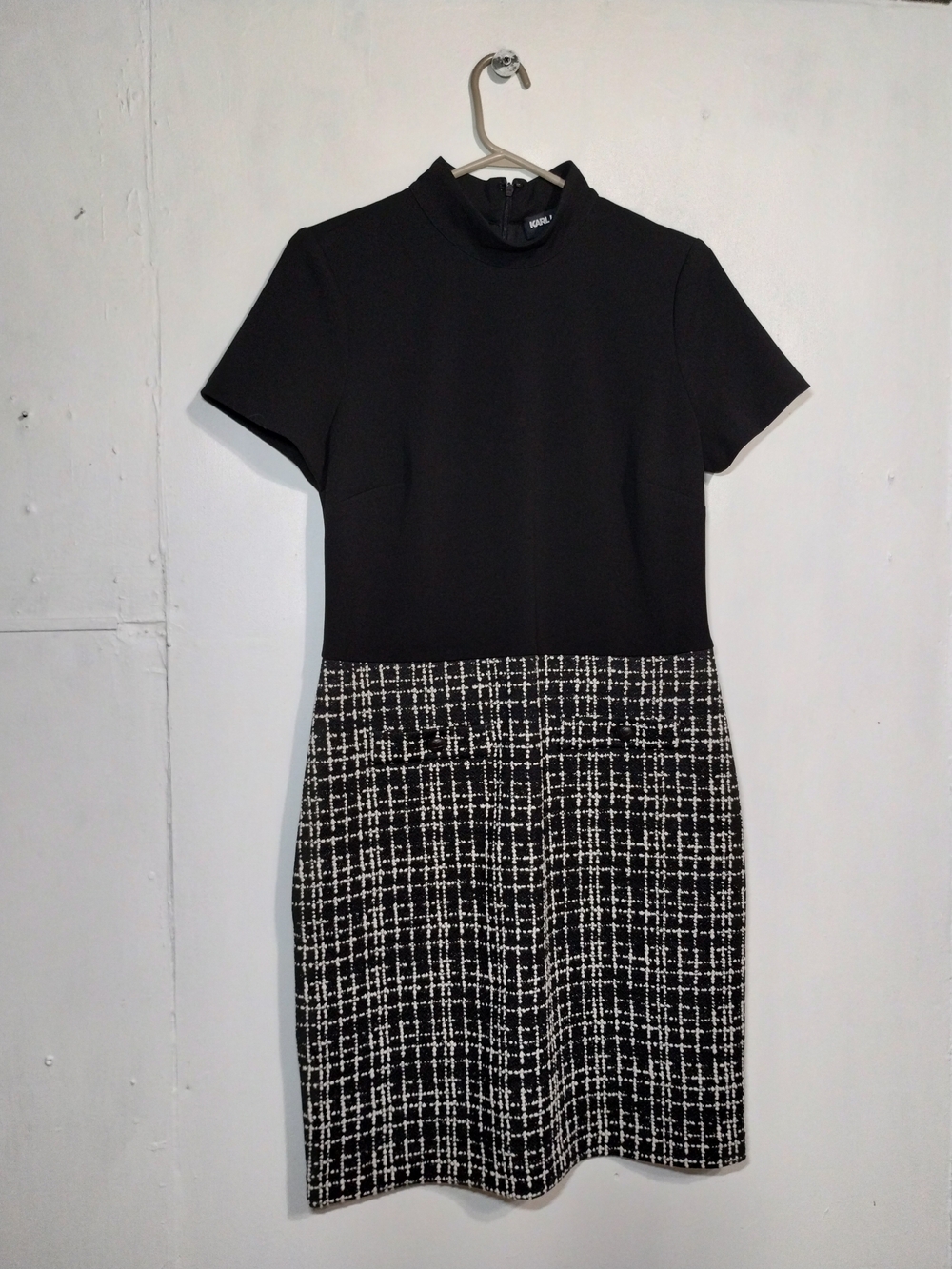 Karl Lagerfeld Black Dress with Black-and-White Tweed Skirt